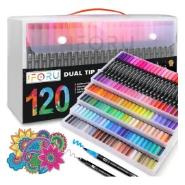 Marcadores Doble Punta IFORU 120 Colores Plumones Punta Pincel Kit Escolar                                                                            