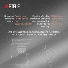 APIELE 22mm Red Φ60 Mushroom Emergency Stop Push Button Switch 1NONC 600V 10 Amp (Type C)