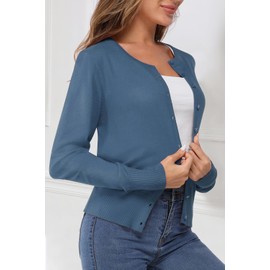 Newshows Women's 2025 Solid Button Down Long Sleeve Classic Crewneck Lightweight Soft Fall Cardigan Sweater Tops Trendy(Blue-01,Large)