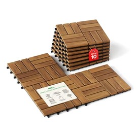 Idzo Interlocking Deck Tiles 9.6 SQFT - 10PCS Waterproof Acacia Wood Patio, Flooring Panels for Indoor and Outdoor - Decking Checker Pattern, 11.81 x 11.81 x 0.91 Inches, Golden
