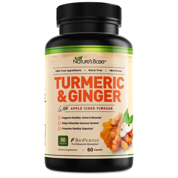Turmeric and Ginger Supplement - Tumeric Curcumin Joint Support Pills - with Apple Cider Vinegar & BioPerine Black Pepper - 95% Curcuminoids - 60 Capsules