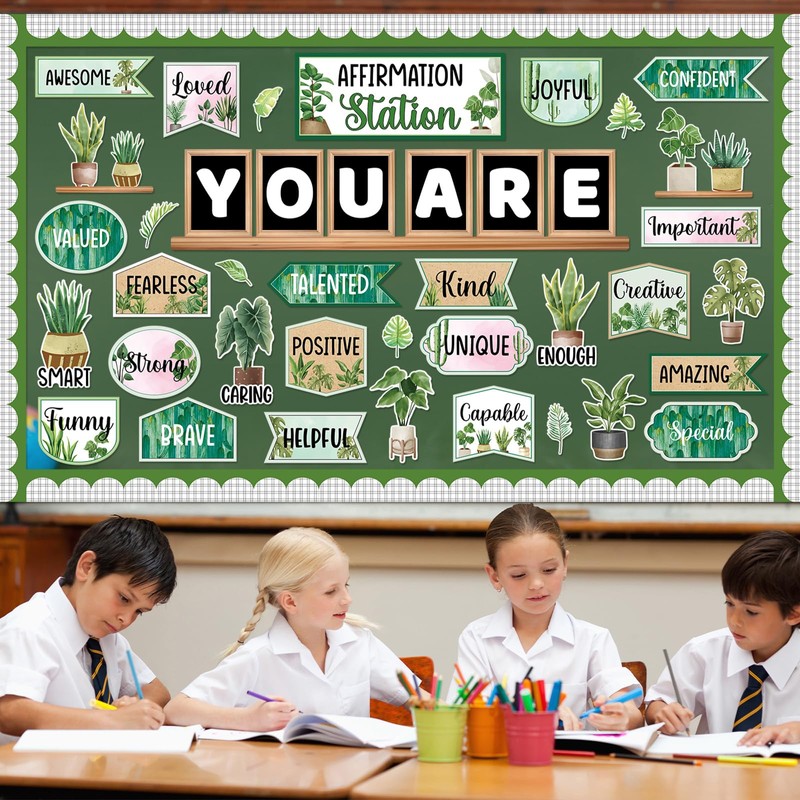 Boho Plant Affirmation Station Bulletin Board Set Greenery Motivational Classroom