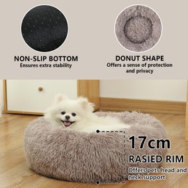 Belababy Donut Dog Cat Bed, Calming Doughnut Fluffy Dog Cat Bed Small Medium Large Washable with Soft Plush, Anti Anxiety Round Dog Puppy Bed with Anti-Slip Bottom (M, Brown)