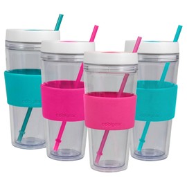 COOL GEAR 4-Pack 24 oz Callisto Clear Chiller with Straw and Band | Dual Function Closure Colored Re-Usable Tumbler Water Bottle - Teal/Pink