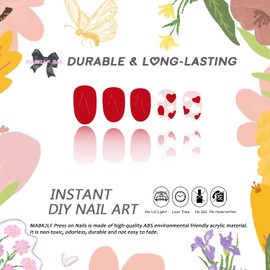 Valentines Press on Nails Short Oval MABKJLF Wine Red Fake Nails False Nails with Designs Red & White Heart Full Cover Glossy Glue on Nails Acrylic Nails for Women Girls 24 Pcs