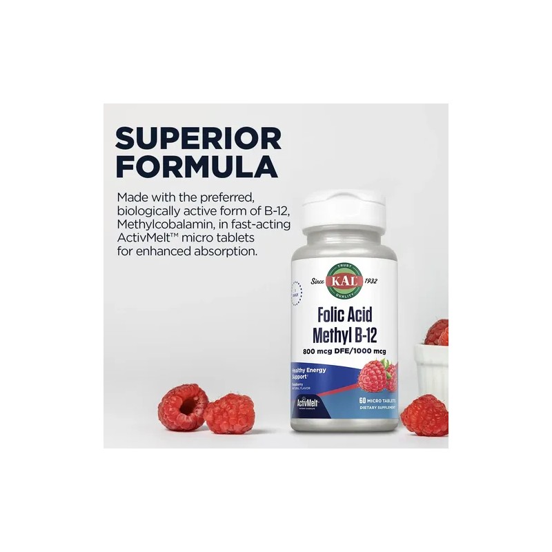 Kal Tabletas Ácido Fólico 800 Mcg Metil B-12 Frambuesa 60
