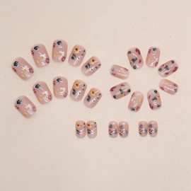 Press On Nails with Nail Glue, 3D Peach Flower Summer Cute Designed in Glue on Nails, Fake Nails, Short Square Almond Ballet Shape for Stick On Nails on 24PCS,Nude Little Flower