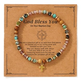 SHINUS BOHO Christian Gift Cross Charm Bracelets for Women Men Faith Easter Catholic Religious Gemstone Beaded Meaningful Baptism Comunion Natural Beads Friendship Christmas Easter Holiday Accessories Jewelry Gfits