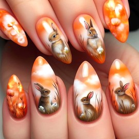 24Pcs Easter Press On Nails for Women Fake Nails with Glue Rabbit Eggs Pattern Design Acrylic Nails Easter Nail Press Ons Bunny Eggs Tulips Flowers False Nails Glue on Nails(easter eggs nails)