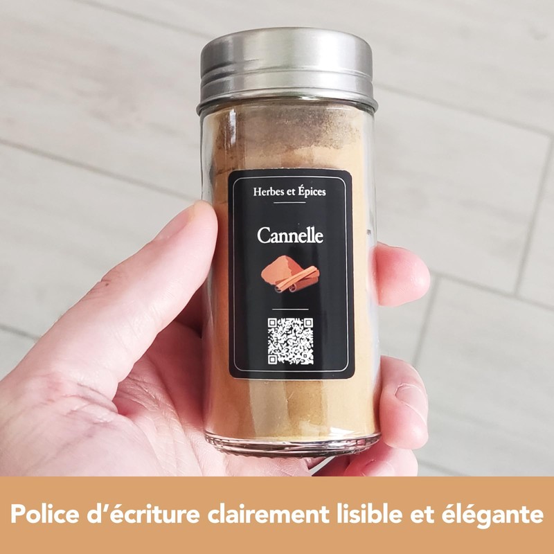 90 Etiquettes Epices Francais Noires, élégantes, imperméable, QR Code des
