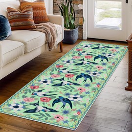 Alfombra de camino floral botánico de 2 x 3 pies, alfombra verde peonía para pasillos, antideslizante, suave, de pelo bajo, diseño bohemio, para entrada, pájaros, alfombras finas y lavables