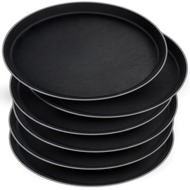 6 Pcs Round Serving Trays Restaurant Non Slip Surface Circle Fruit Appetizer Flat Tray Non-Skid Plastic Food Drink Server Tray with Raised Edges Rubber Lined for Cafeteria Bar Hotel (Black,11 Inch)