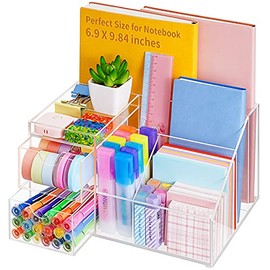 Vitviti Acrylic Desk Organizer, Clear Pencil Organizer for Desk, Multifunctional Desktop Stationary Pen Organizer, 8 Compartment Storage with Drawer, for Office/A4 Paper/Art Supply