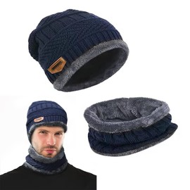 May Huang Winter hat, beanie hat and tube scarf, with fleece lining, hat scarf sets, wool knitted hat, winter hat and loop scarf for men and women, blue