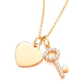 Old English Jewellers 9ct Yellow Gold on Silver Plain Heart & CZ Key Pendant Necklace - 18 inch - Engravable