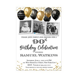 Black and Gold Balloons Adult Masculine Birthday Invitations with Photos