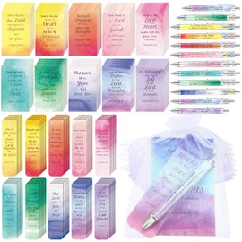 Yeaqee 200 Pcs Bible Gifts Set Include 50 Bible Verses Bookmarks Christian Book Markers 50 Scripture Ballpoint Pens 50 Christian Notebooks 50 White Organza Bags for Women Men School Church (Novel)
