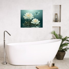 WEENEO Green Zen Wall Art Watercolor Water Lily with Leaf and Butterfly Framed Canvas Wall Art Spiritual Yoga Spa Canvas Wall Art for Bathroom Living Room Bedroom Wall Decor,16x12 Inch