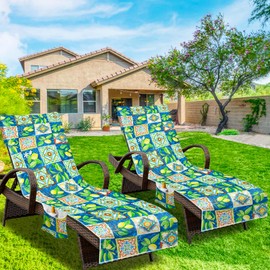 NISDOING Lounge Chair Towel Cover, (Pack of 2), Beach Chair Cover with Pockets, Pool Chair Covers for Outdoor Beach Furniture Sun Lounger, No Sliding, 85 X 30 in, Green Plaid Lemon