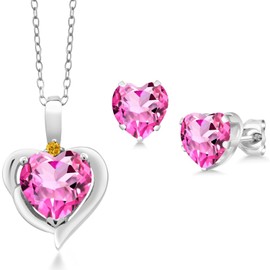 Gem Stone King 925 Sterling Silver Pink Mystic Topaz and Yellow Created Sapphire Pendant Necklace Earrings Set For Women (4.32 Cttw, Heart Shape 8MM and 6MM, with 18 Inch Chain)