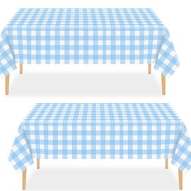 2pack Blue Gingham Checkered Table Cloth Party,137*274cm Wipe Clean Checkered PVC TableCloth Plaid Tablecloth Rectangular Light Blue Disposable Table Cover for Parties BBQ Picnic Birthday Wedding