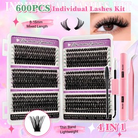 600 Pieces DIY Eyelash Extensions Set, 0.07D Eyelashes, Individual False Eyelash Clusters with Eyelash Glue and Tweezers for Beginners, Reusable Eyelash Clusters (600P-60+80+100D)