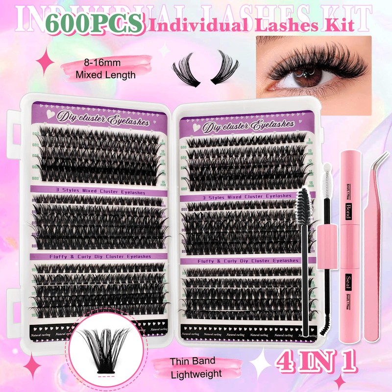 600 Pieces DIY Eyelash Extensions Set, 0.07D Eyelashes, Individual False