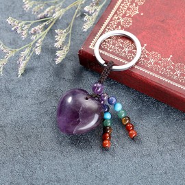 Jovivi Natural Amethyst Love Crystal Heart Stone Pendant Keychain 7 Chakra Reki Healing Crystal Gemstone Beads Key Chain Ring