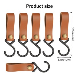 Mikihat Pack of 6 S Camping Hooks, S Hooks with Leather Loop, PU Leather Brown Hooks with Loop, Multi-Purpose Hooks for Tableware, Lantern, Wardrobe, Clothes Rail, Kitchen, Bathroom, Backpack, Pram,