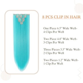 Benehair 8PCS Clip in Hair Extensions for Women Sky Blue Highlight Hair Extensions Seamless Double Weft Full Head 18 Clips Women Colorful Hairpiece 26" Straight Cosplay Christmas Party