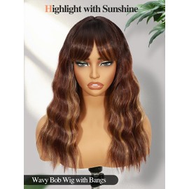 Fancy Hair Brown Highlight Wig With Bangs Medium Length Wavy Wig Synthetic Brown Mixed Blonde Natural Looking Wig With Bangs for Women Daily Party Use 18 Inch