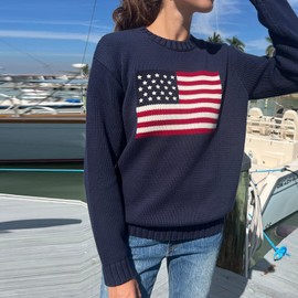 Luckinbaby American Flag Sweater for Women Striped Star Sweaters USA Sweatshirt Patriotic Knitted Loose Pullover Top(Crewneck Blue,S)
