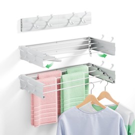Wall Mounted Clothes Drying Rack for Laundry 23.6", Folding Clothes Drying Rack with 4 Towel Hooks and 4 Rods for Hanging Coat Dedicates, Space Saving for Bedroom Bathroom Balcony Living Room (23.6'')