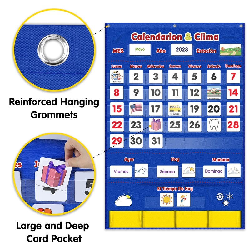 Godery Spanish Calendar and Weather Pocket Chart, Classroom Organized Chart,