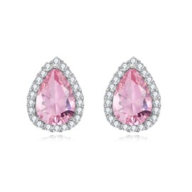 EVER FAITH Cubic Zirconia Wedding Clip On Earrings, Bridesmaids Gorgeous Teardrop Prong Setting Stud Earrings for Women Pink Silver-Tone