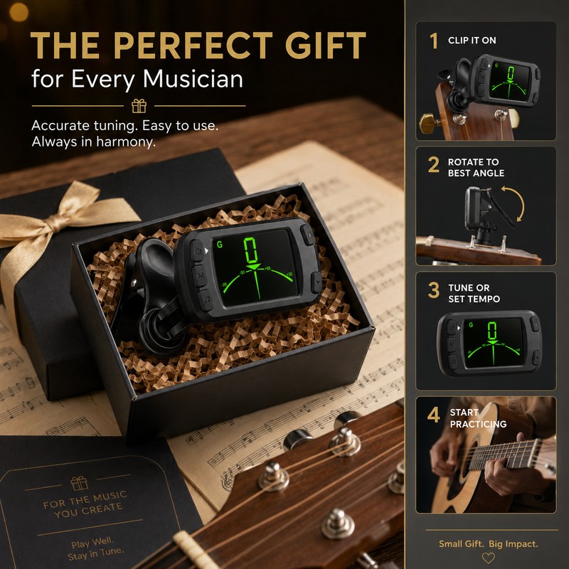 Clip-On Guitar Tuner Metronome for Music Practice – 3-in-1 LCD