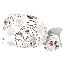 LORVIES 2 Pieces Adjustable Working Cap with Buttons and Ribbon Tie for Women Long Hair,English Bulldog