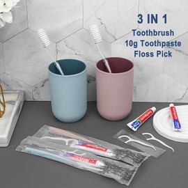 HQSLsund 100pcs Disposable Toothbrushes with Toothpaste Floss Individually Wrapped, 2 Color Disposable Toothbrush, 10g Toothpaste, Floss Pick, Bulk Toothbrush Kit for Homeless,Airbnb,Hotel