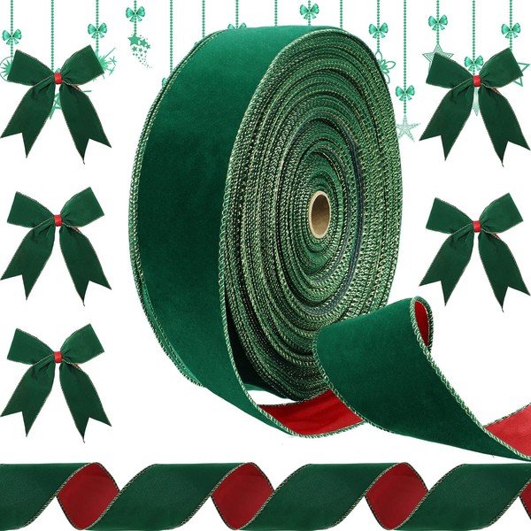 Christmas Wired Velvet Ribbon with Gold Edge Velvet Waterproof Ribbon Wrapping Velvet Decoration Ribbon for Xmas Wreath Bows Floral Craft Ornaments (Red and Green,2.5 Inch x 60 Yard)