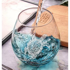 Physkoa Sea Turtle Gifts for Women-13.5oz Sea Turtle Wine Glasses set of 2 - Crackle teal design turtle wine glasses-Hand blown Stemless Wine Glass -Sea lovers Gifts for Birthday