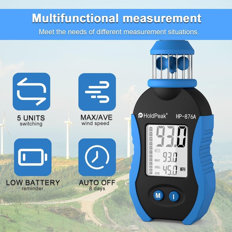 Handheld Cup Anemometer, 42m/s Digital Air Wind Speed Meter with