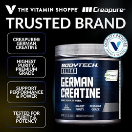 BodyTech Elite Creatina alemana con Creapure®, monohidrato de creatina en polvo para fuerza, tamaño y potencia, 0.18 oz por porción, sin sabor, sin gl