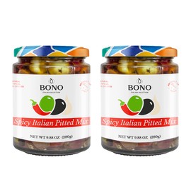 Bono Italian Gourmet Olives | Product of Italy | All Natural | No Artificial Colors or Dyes | Non-GMO Verified, (Pack of 2) (9.88 OZ, Spicy Pitted Mix)