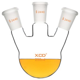 XCD Glass Round Bottom Flask, Heavy Wall Borosilicate Glass Lab Flask 3 Neck Round Bottom Flask RBF with 24/40 Center and Side Standard Taper Outer Joint, 250 ml