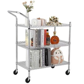 Commercial Grade Kitchen Cart, 3 or 2-Tier Heavy Duty Metal Rolling Service Cart with Wire Shelves and Handle for Kitchen and Office Use