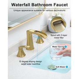 Fapully Bathroom Faucet 3 Hole, Polished Brushed Gold Waterfall 8 Inch Widespread Bathroom Sink Faucet with Pop-up Drain, Two-Handle Faucet for Bathroom Sink