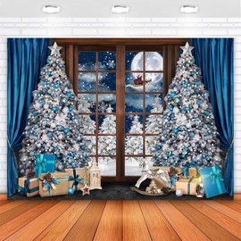 Avezano Christmas Backdrop Window Snow Scene Photography Background Blue Christmas Photo Backdrops for Family Holiday Portrait Night Santa Claus Photo Booth Prop 7x5ft