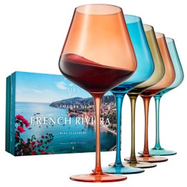 French Riviera Coastline Colored Wine Glass Set, 20oz Glasses | Set of 5 | Traveler, Explorer, European Gift - Special Celebrations Drinkware For Red & White Wine, Unique Style Tall Stemmed Glass