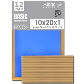 10x20x1 Air Filter Comparable to MPR 100 Basic Economy Furnace Filters, 12 Pack of Non Pleated Fiberglass Filter For Dust - Low Airflow Restriction! From AIRX FILTERS WICKED CLEAN AIR.