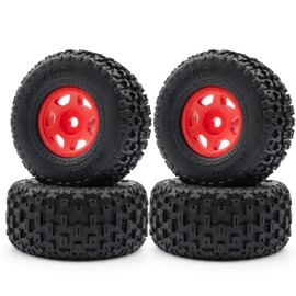 RCHUBAM 1/14 Plastic Wheel and Tire 4Pcs RC Front/Rear Tires and Wheel Compatible with 1/14 Arrma Mojave Grom Upgrade Parts (Red)
